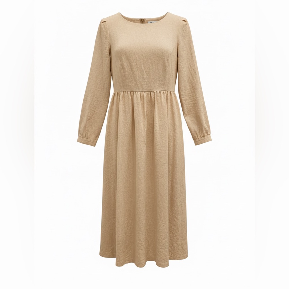 Handmade Tan Linen Blend Empire Waist Midi Dress Long Sleeve M Neutral Cream